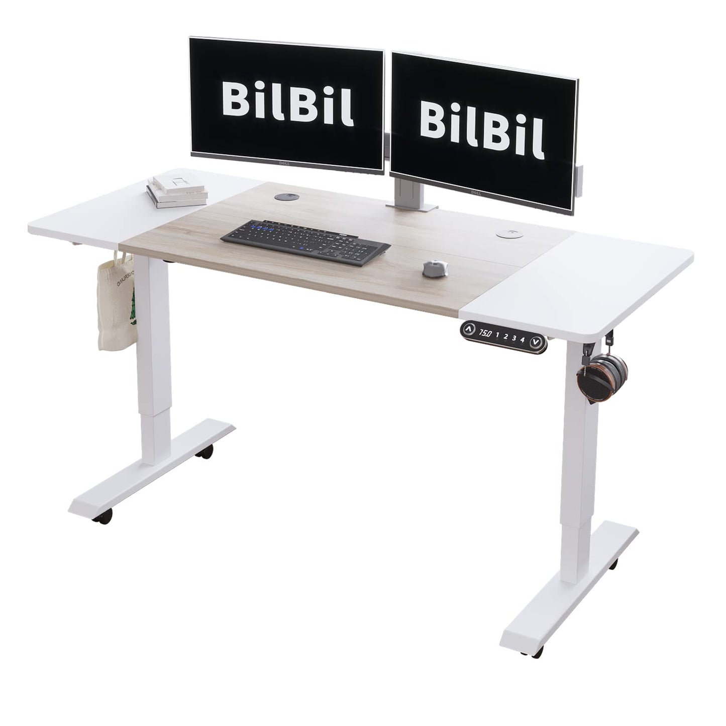 bilbil L-Shaped Electric Height Adjustable Standing Desk 59 Inches, Stand Up Rising Table for Home Office with Splice Board, Black Frame and Rustic Brown Top