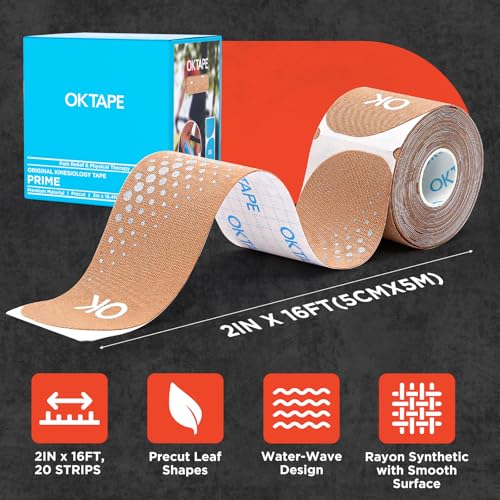 OK TAPE Synthetic Kinesiology Tape Precut Strips, Waterproof Kinesiology Athletic Tape for Joint & Muscle Support, Reflective and Durable Tape, 2in×16.4ft Roll 20PCS | Beige