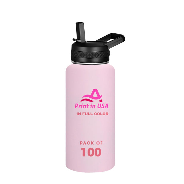 Personalized Custom Print in USA Water Bottle 32oz Stainless Steel Double Wall Coffee Cup with Lid & Straw Insulated Tumbler with Colorful Text Logo Photo