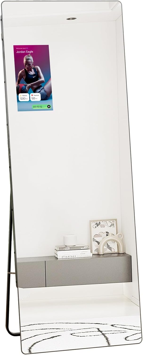 Smart Home Gym Mirror 65"x23.6", Trainer Workout Mirror with 14" Screen Display, Support Phone Casting Function, Follow Tiktok Videos to Do yoga,Dancing, Exercise Fitness(Portrait Screen for TikTok)