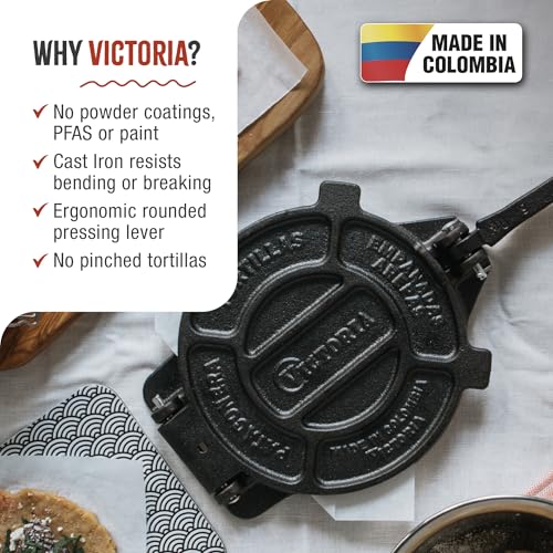 Victoria 8 Inches Cast Iron Tortilla Press, Roti Maker and Tortilladora, Pataconera Seasoned with Flaxseed Oil, Made in Colombia