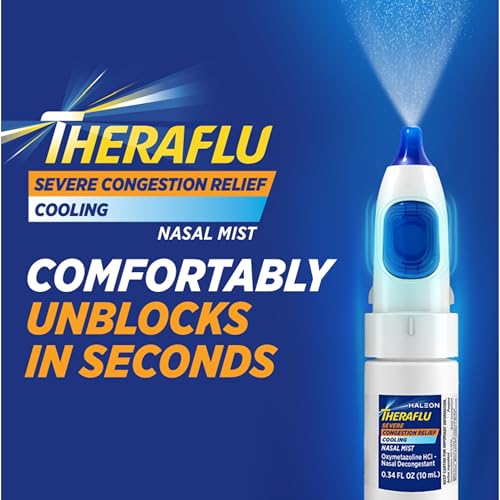Theraflu Severe Congestion Relief Nasal Mist + Cooling, Oxymetazoline HCI 0.05% Nasal Decongestant, 12 Hour Relief, Ultra-Fine Mist, 0.34 fl oz
