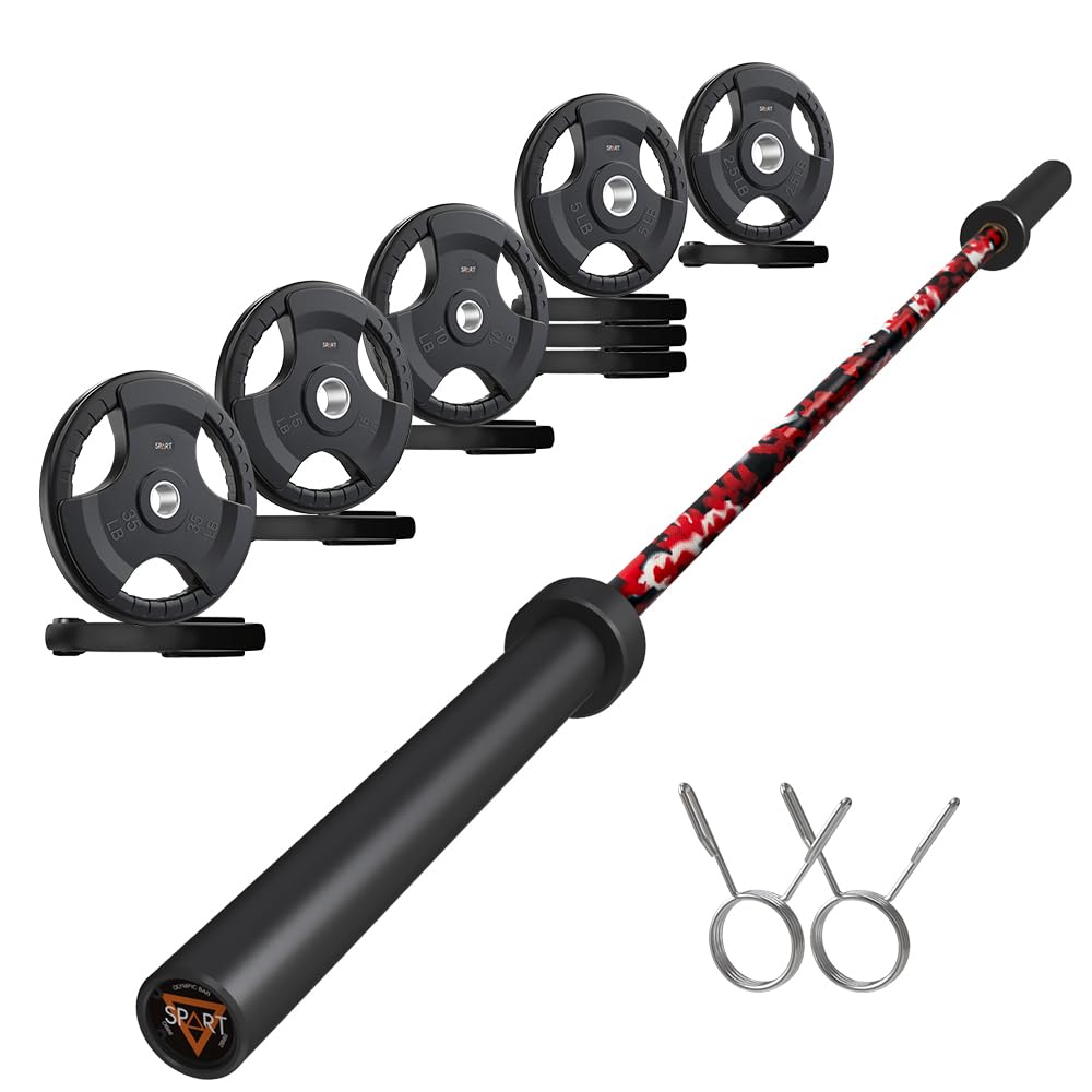 7FT Olympic Barbell Bar with Weight Plate Set Combo, Solid Olympic Bar with Bearings, 700Lbs Capacity Weight Bar for Home Gym Strength Training, Weightlifting, Powerlifting, Fit for 2" Olympic Plates