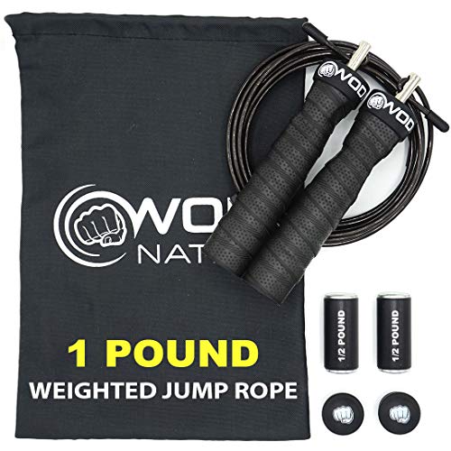 WOD Nation Weighted Jump Rope for Women & Men - 1 Pound (1LB) Adjustable Heavy Speed Jump Rope Handles with Removable Weights 4Crossfit, Cross Training, Boxing.