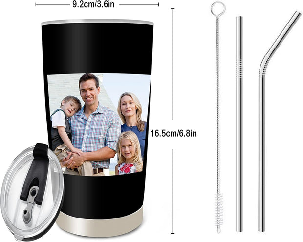 Personalized Tumbler with Pictures Text Name, Custom Stainless Steel Tumbler with Lid, Personalized Gifts for Women, Men, Christmas Birthday Mother's Day Gifts for Mom, Dad, Friend