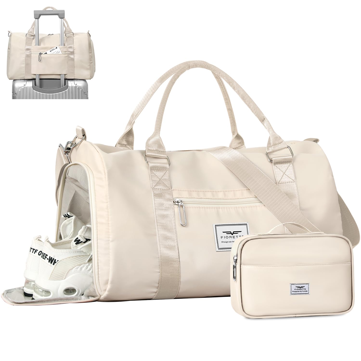 FIORETTO Womens Gym Tote Duffle Bag with Wet Pocket & Shoe Compartment, Sports Duffel Overnight Weekender Hospital Workout Carry on Bag for Girls, Ideal for Travel, Swimming, Dance, Ballet Beige