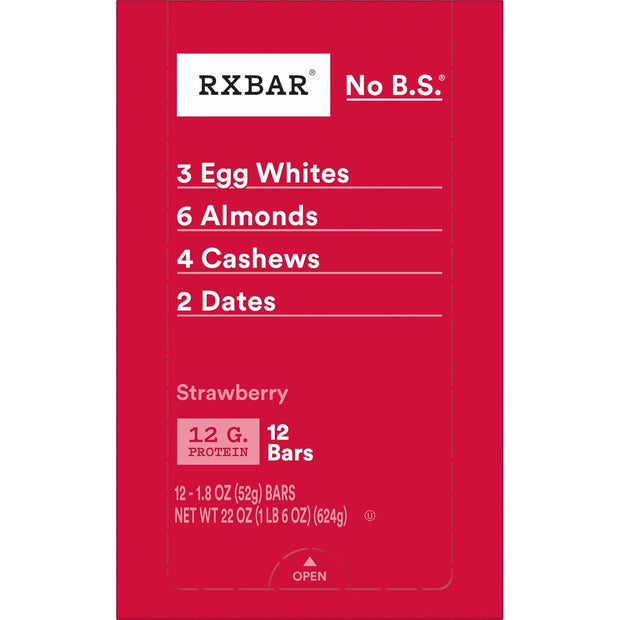 RXBAR Protein Bars, 12g Protein, Gluten Free Snacks, Strawberry, 22oz Box (12 Bars)