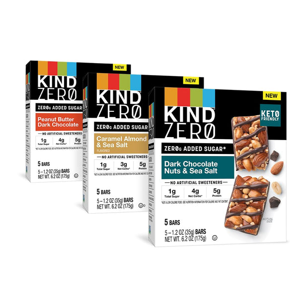 KIND ZERO Added Sugar Bars, Variety Pack, Dark Chocolate Nuts & Sea Salt, Caramel Almond & Sea Salt, Peanut Butter Dark Chocolate, Keto Friendly Snacks, Gluten Free, 5g Protein, 15 Count