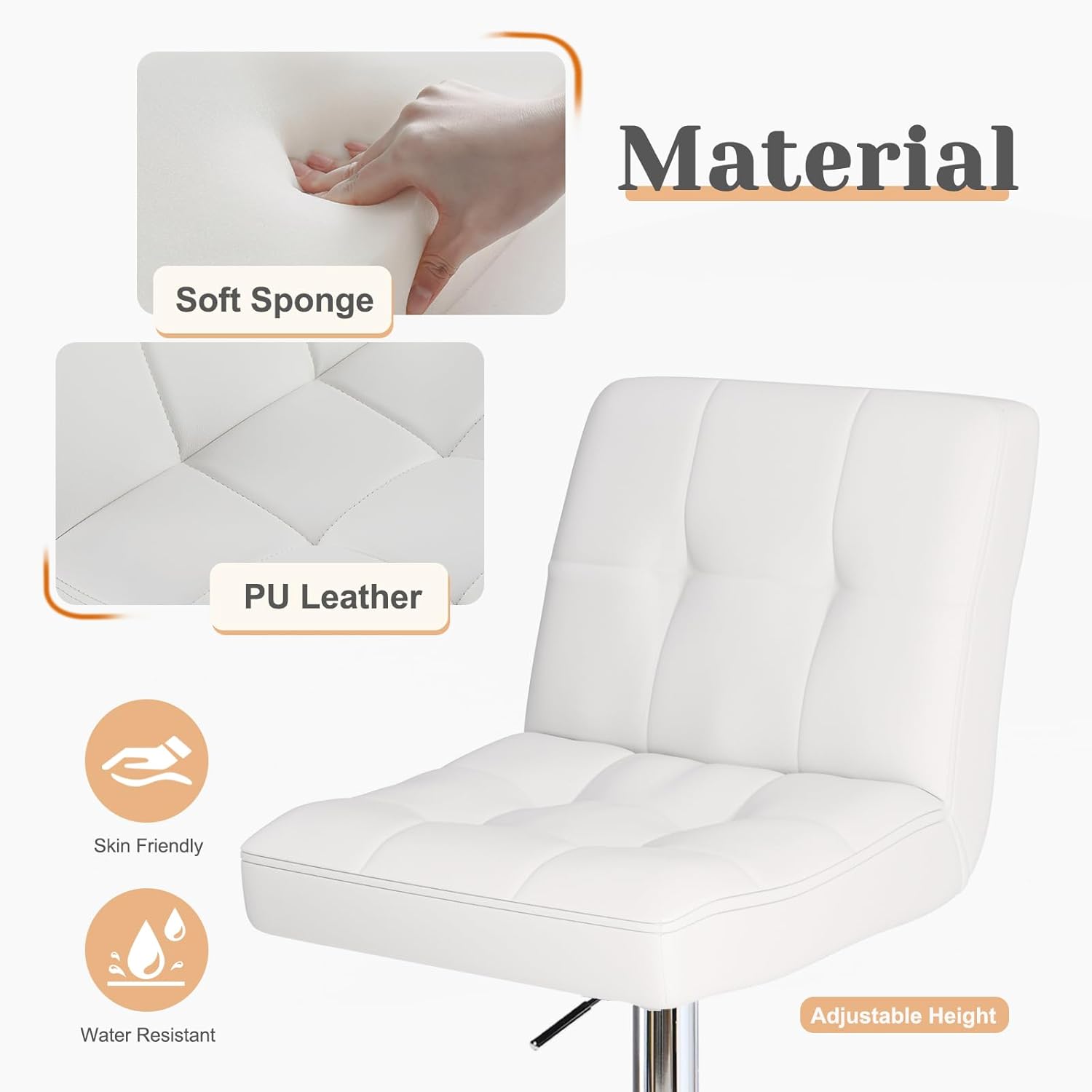 Bar Stools Set of 2, Armless Hydraulic Kitchen Height Counter Bar Stools, PU Leather Adjustable Swivel Barstools, Thickened Square Seat Cushion Barstool with Back, White