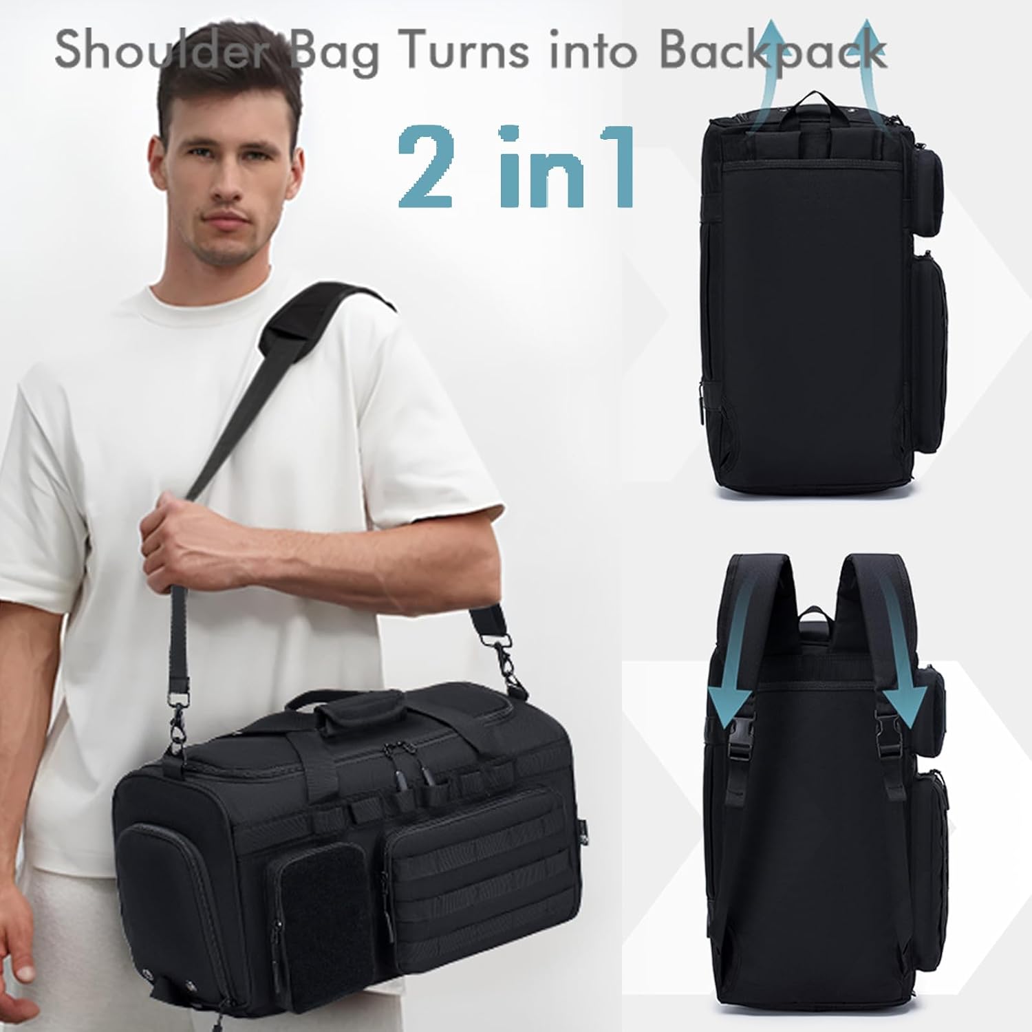 BAGZY 3 In 1 Tactical Military Travel Duffle Bag 40L with Shoe Compartment Gym Bag Backpack for Fitness Weekender Deployment Workout Black