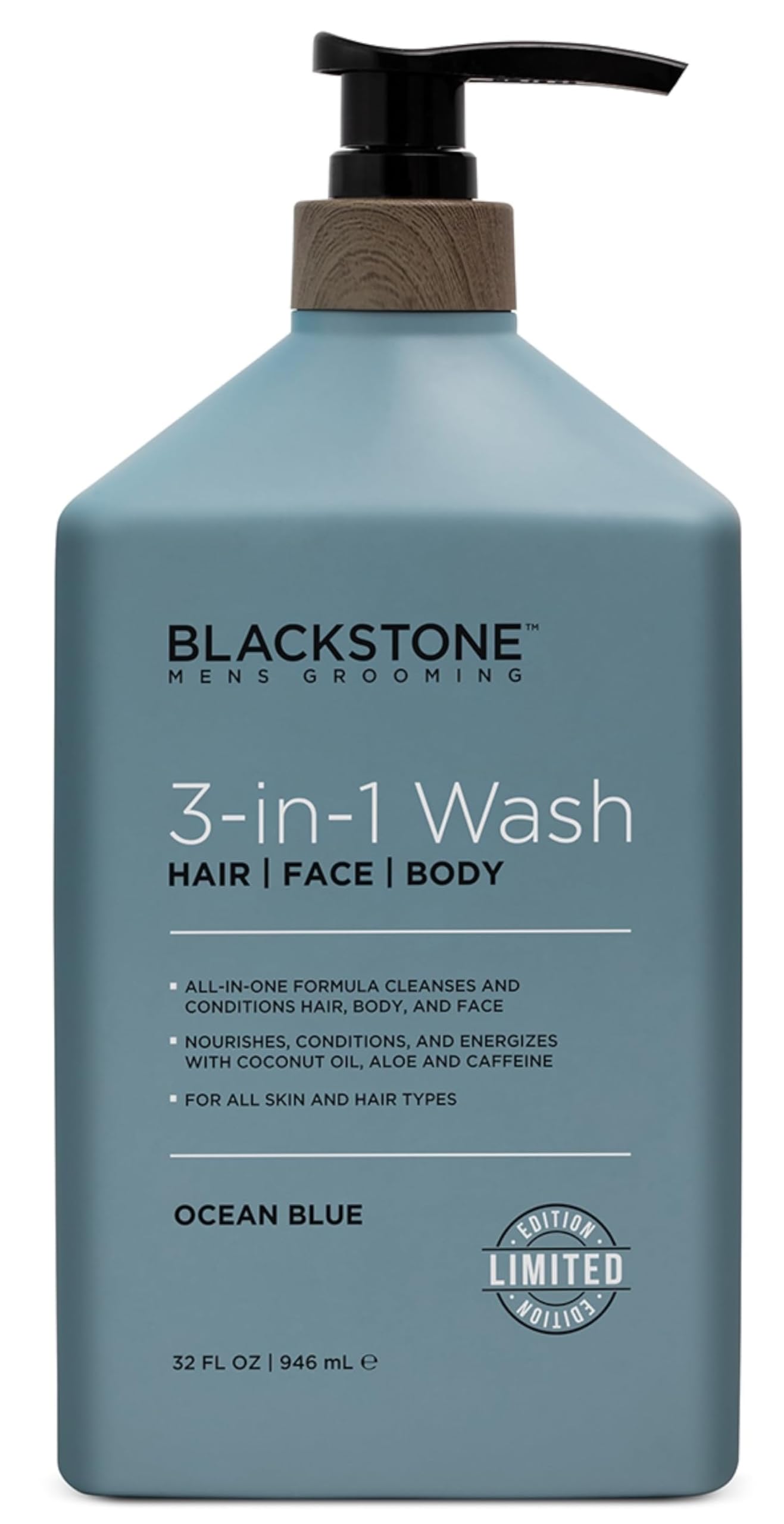 Blackstone Men's Grooming 3-in-1 Wash for Men with Coconut Oil, Vitamin B5 and Caffeine | Cleanses & Conditions Hair, Body, & Face | For All Skin & Hair Types - Activated Charcoal (32 Fl Oz)