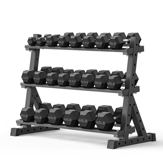 PAPABABE Hex Dumbbell Set with Rack, Rubber Encased Free Weight with Weight Storage Racks, Multiple Weight Options for Home Gym and Fitness
