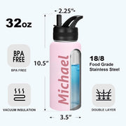 Personalized Custom Water Bottle with Text Photo Print in USA 32oz Double Wall Stainless Steel Leakproof Wide Mouth Cup with Flip Straw