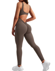 YEOREO Long Sleeve Jumpsuit for Women Workout V Back Bodysuit Lizvette Scrunch Leggings One Piece Romper Full Length Bodycon