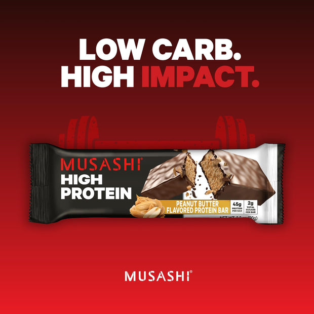 MUSASHI High Protein Bar, 45g Protein, 2g Total Sugars, Peanut Butter & Milk Chocolate Coated, Post Workout and Protein Snack On The Go, 12 Pack of 3.2oz (90g) Bars