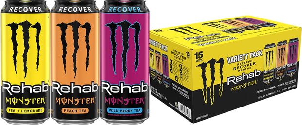 Monster Energy Rehab Tea + Lemonade + Energy, Energy Iced Tea, Energy Drink 15.5 Ounce (Pack of 15)