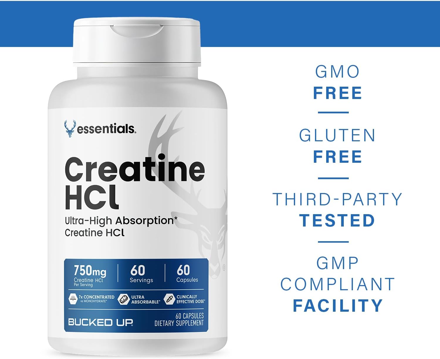 Bucked Up - Creatine HCL, 750mg Serving - 60 Servings (60 Capsules)