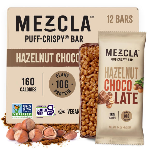 Mezcla Puff Crispy Protein Bars, Gluten Free & Vegan Protein Bars, 10g Protein, Alt for Crispy Rice Treat, Granola Bars & Breakfast Bars, Healthy Snacks for Adults, Hazelnut Chocolate, 12 Pack