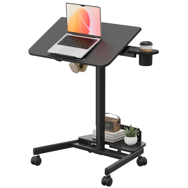 Mobile Standing Desk with Storage Base, 60° Tiltable Rolling Laptop Desk, Height Adjustable Portable Table with 4 Lockable Wheels for Home Office, White