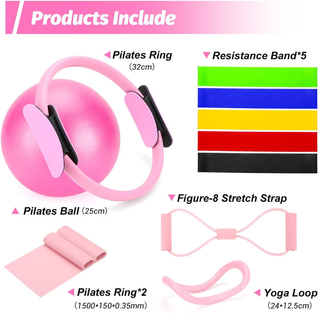 Pilates Ring Kit for Home Workouts, Pilates Equipment Essentials Kit with Magic Circle, Yoga Ring, Resistance Band, Ball, Accessories, Pilates Sets for Women as Fitness Gift (Pink)