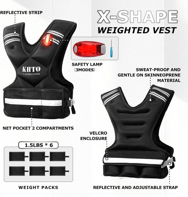 KHTO Adjustable Weighted Vest for Men and Women with Warning Light Reflective Strip，Large Weight Vest for Exercise Set Cardio and Strength Training (4-10lb/11-20lb/20-32lb)