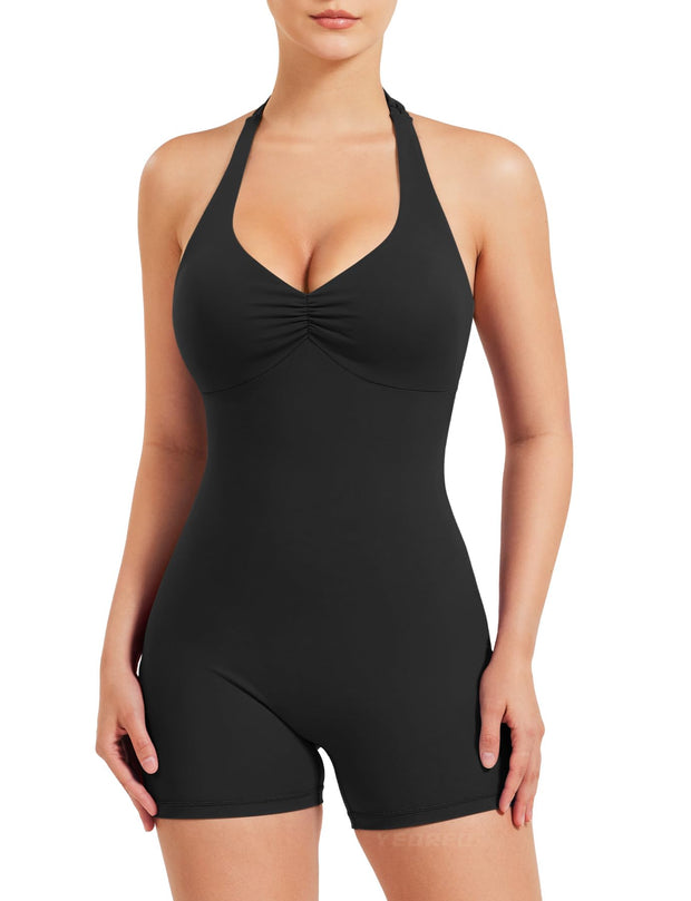YEOREO Women Halter Workout Jumpsuits One Piece Backless Bodycon Bodysuits Hidden Scrunch V Back Yoga Joceline Short Romper