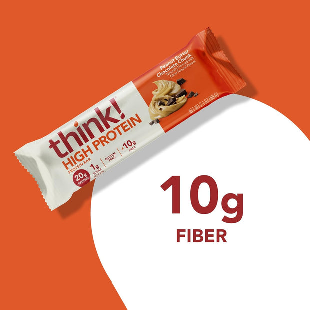think! Protein Bars, High Protein Snacks, Gluten Free, High Fiber, Peanut Butter Chocolate Chunk, 10 Count