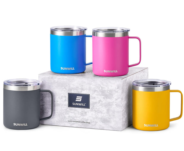 SUNWILL Insulated Coffee Mug with Lid, Travel Tumbler with Handle, 14 oz Stainless Steel Cup for Camping, Office, Home, Powder Coated White