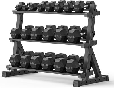 PAPABABE Hex Dumbbell Set with Rack, Rubber Encased Free Weight with Weight Storage Racks, Multiple Weight Options for Home Gym and Fitness