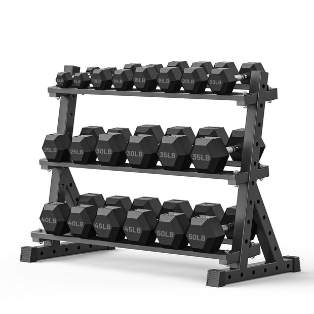 PAPABABE Hex Dumbbell Set with Rack, Rubber Encased Free Weight with Weight Storage Racks, Multiple Weight Options for Home Gym and Fitness