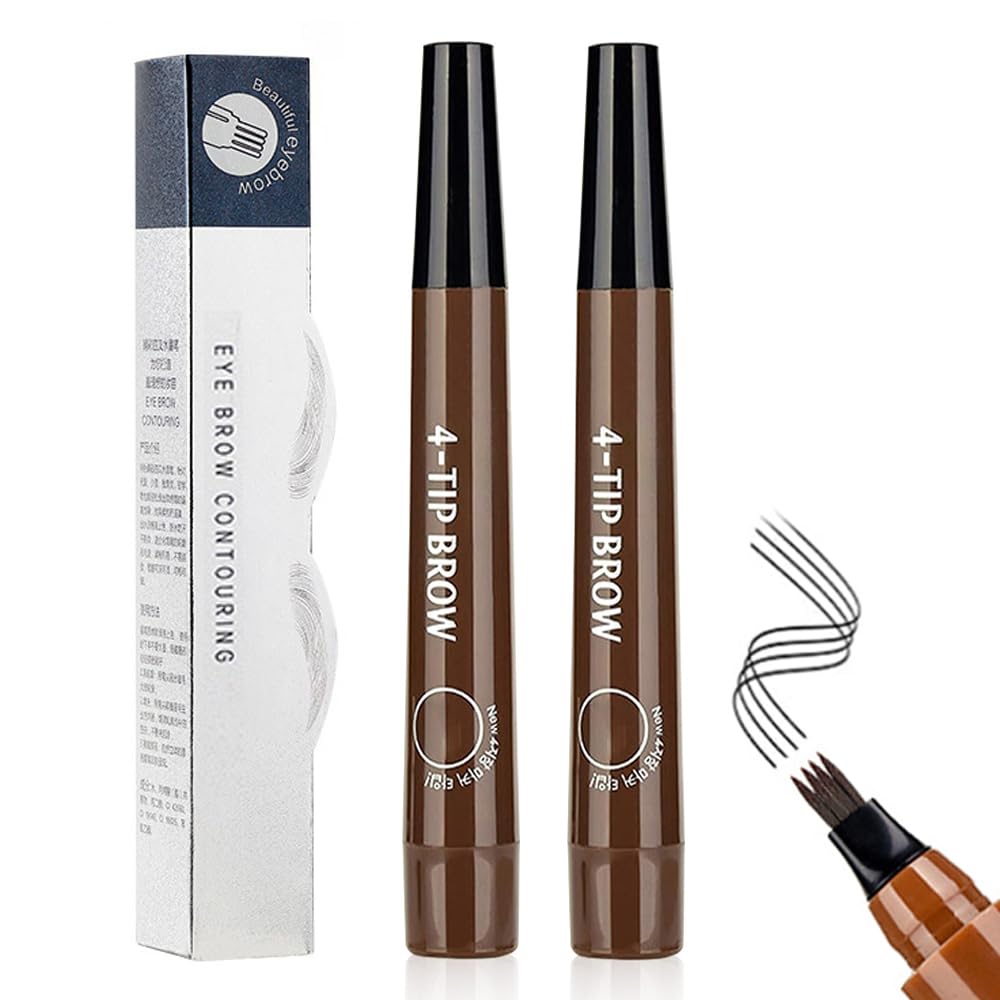 2 Pcs Microblading Eyebrow Contouring Pen, 3D Waterproof Magic Eyebrow Pencil, 4-Tip Microblade Brow Pen Magic Eyebrow Penci Fine-Stroke Long Lasting and Smudge-Proof (Brown)