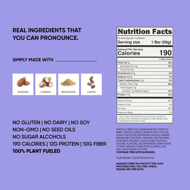 TRUBAR Vegan Protein Bar, Whole Lotta Macchiato, Gluten Free, Plant Based Protein, Dairy Free, Non GMO, Soy Free, No Sugar Alcohols, 12G Protein, 12G Fiber, 23G Carb, On the Go Snack Bars, 12 CT