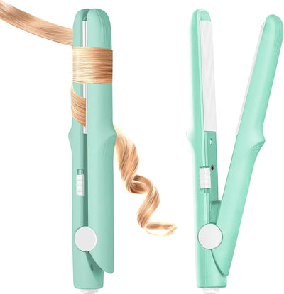 Mini Dual Purpose Curling Iron, 2 in 1 Mini Curling Wand & Flat Iron Hair Straightener, Portable Travel Curling Wand, Small Curling Iron for Women Short Hair, Hair Straightener (Green)