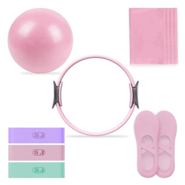 Pilates Essential Kit - Home Pilates Equipment Set - with Toning Pilates Ring & Long Resistance Bands & 3 Level Pilates Loop Bands & Soft Pilates Ball & Pilates Grip Socks