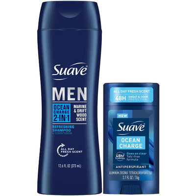 Suave+ Men’s 2-in-1 Shampoo and Conditioner, Ocean Charge + Antiperspirant Deodorant for Men, Ocean Charge, 48H Sweat & Odor Protection (2 Piece Set)