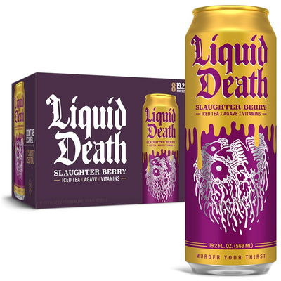 Liquid Death, Slaughter Berry Flavored Iced Tea, 8-Pack (19.2oz Cans), Raspberry Flavored Black Tea, Low Calorie, No Artificial Sweeteners, B12 & B6 Vitamins