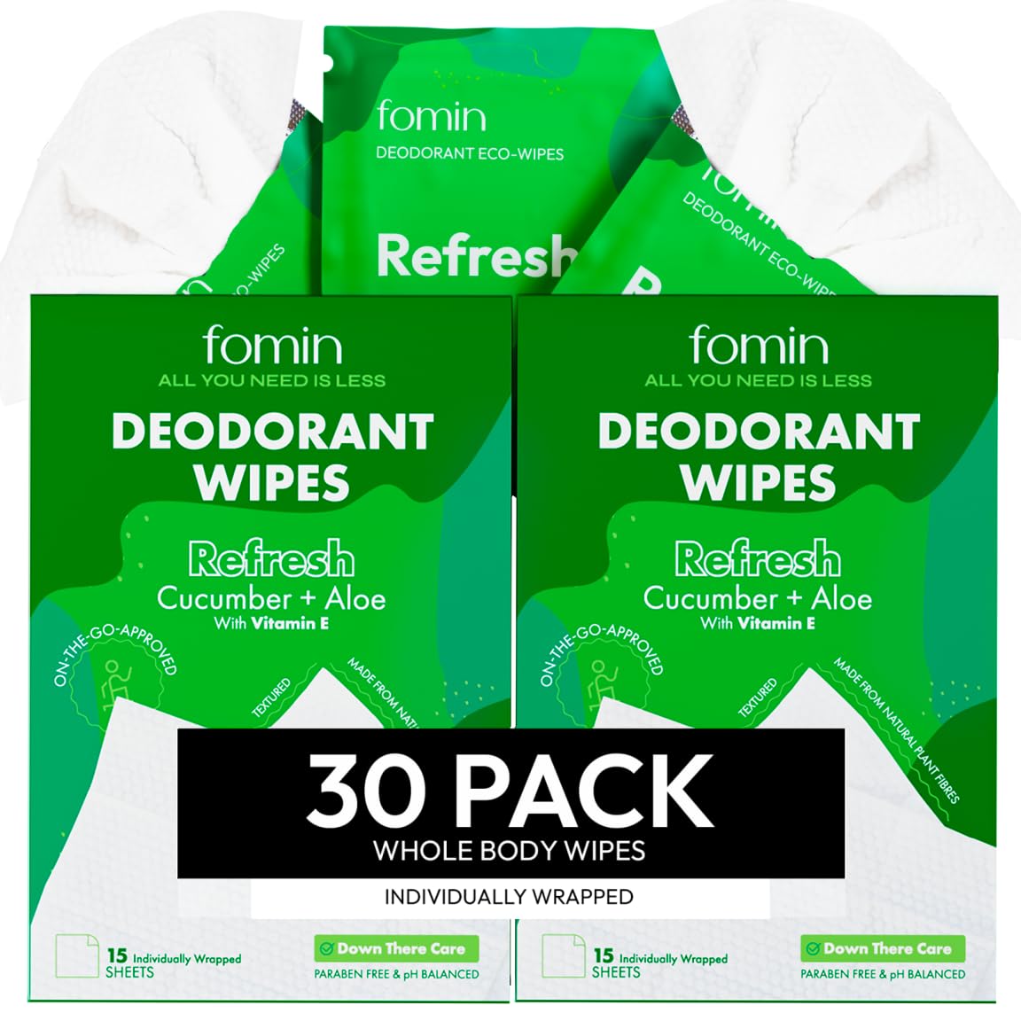 FOMIN Travel Deodorant Wipes - 30 Count - Cucumber and Aloe pH Balanced, Hypoallergenic Mini Deodorant Wipes For Women and Men - Plastic-Free, Individually Wrapped Underarm & Body Wipes