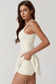 QINSEN Womens Square Neck Tennis Dress Pleated Sleeveless Built in Shorts Golf Athletic Dress with Pockets