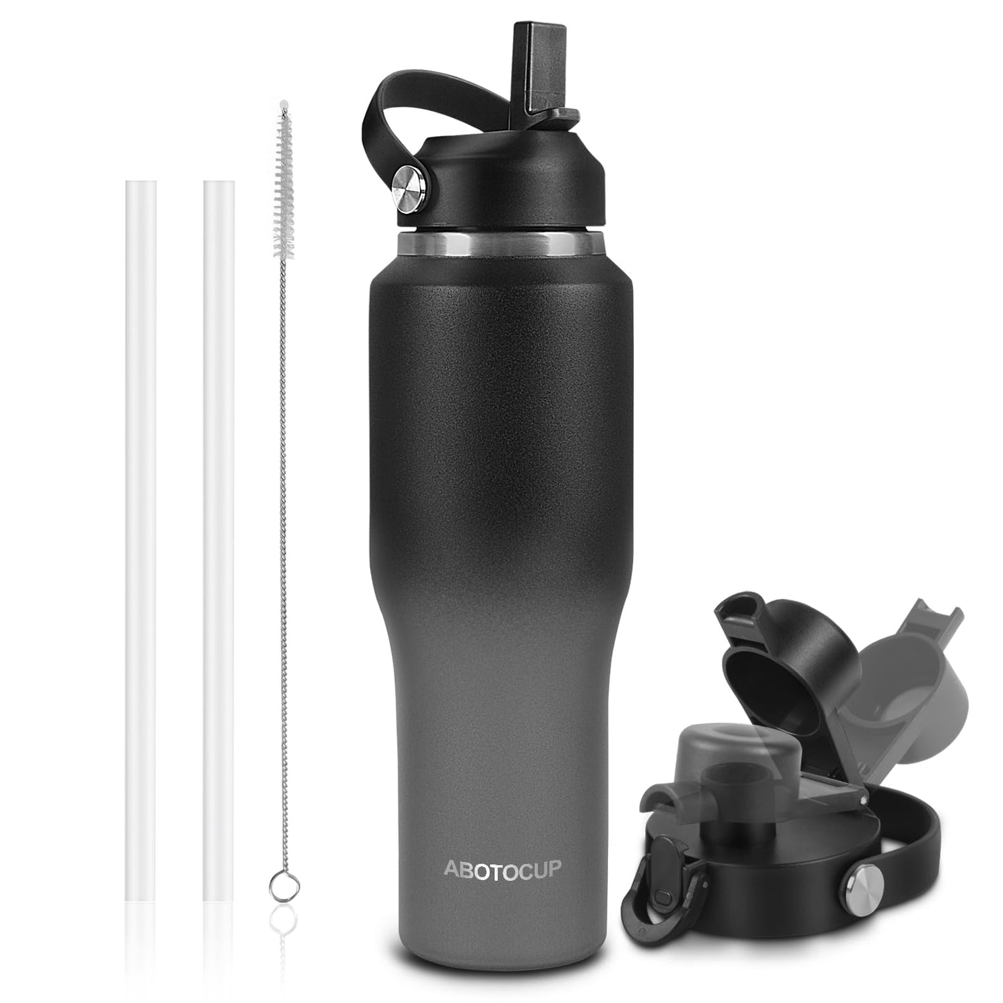 32oz Black Water Bottle Stainless Steel, Keep Cold 24H&Hot 12H, Water Bottle with Straw&Spout Lids, Insulated Water Bottle Double Wall Vacuum, Fit in Any Car Cup Holder, Leak-proof BPA Free