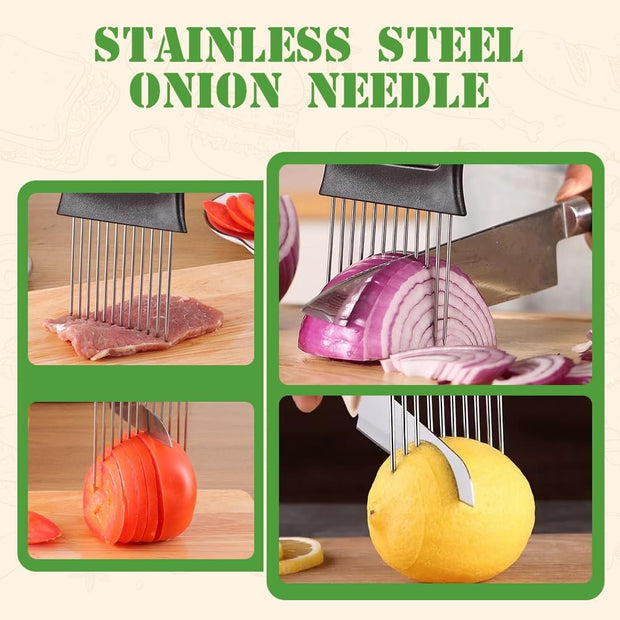 Stainless Steel Onion Slice Holder, 2025 New Onion Slice Holder for Slicing, Chopper Assistant Tool, Lemon Slicer Vegetable Cutter for Meat, Lemon, Potato, Tomato - Kitchen Gadgets (1)