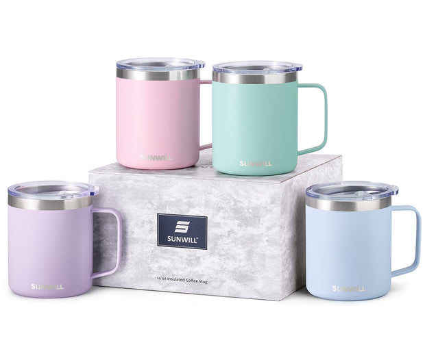 SUNWILL Insulated Coffee Mug with Lid, Travel Tumbler with Handle, 14 oz Stainless Steel Cup for Camping, Office, Home, Powder Coated White