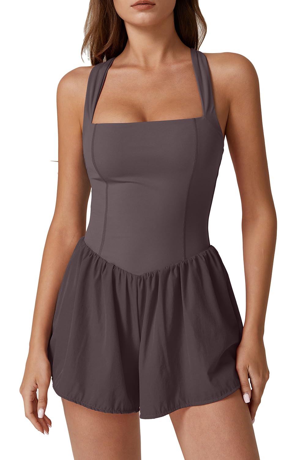 QINSEN Women's Square Neck Sleeveless Romper Jumpsuit Casual Summer One Piece Outfit with Pocket