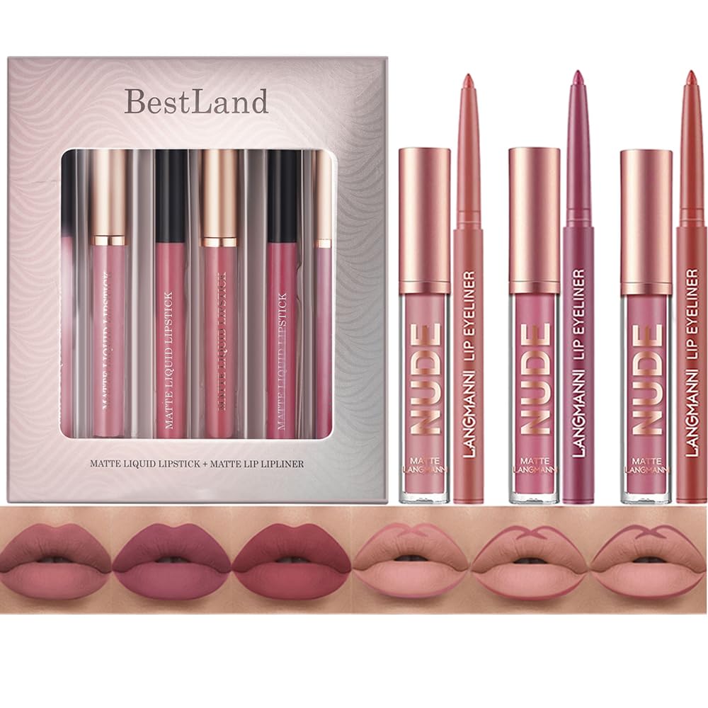 BestLand 12Pcs Matte Liquid Lipstick + Lip Liner Pens Set, One Step Lips Makeup Sets Pigment Velvety Nude Lip Stain Waterproof Long Wear Lip Gloss Make up Gift Set (Set B)
