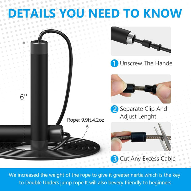 Jump Rope, HANDIO jump ropes 1/2 lb Weighted Jump Rope for Boxing, Cardio, Crossfit Workout, 8~10ft Range Adjustable Length Steel Ropes with Ball Bearings and Metal Handles, Jumpropes Suitable for Men