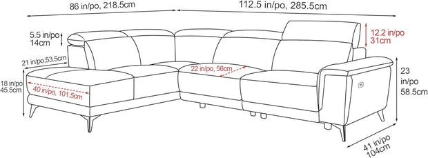 Valencia Pista Full Leather Left Chaise Sofa 112.5" | Italian Nappa Leather Modern Cloud Couch for Living Room/Apartment Furniture | Power Recliner, Ultimate Comfort, Cognac