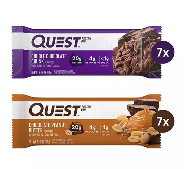 Quest Protein Bar - Value Pack 14 Bars, Chocolate Peanut Butter & Double Chocolate Chunk. 1g Sugar 20g Protein.