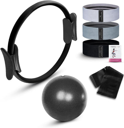Pilates Ring Set - Essentials Kit with Magic Circle Pilates Ring, 3 Resistance Bands, Stretching Strap, Mini Exercise Ball, Exercise Guide, Fitness Essentials Starter Kit for Home Workout