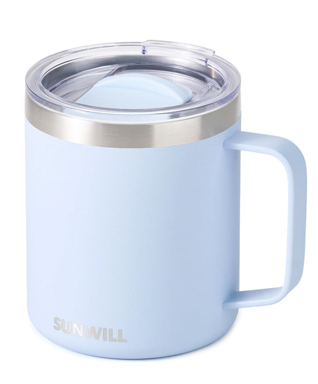 SUNWILL Insulated Coffee Mug with Lid, Travel Tumbler with Handle, 14 oz Stainless Steel Cup for Camping, Office, Home, Powder Coated White