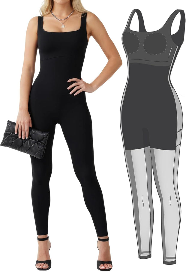 Popilush Shapewear Jumpsuits for Women Built-in Bra Tummy Control Bodysuit Square Neck Sport Romper Summer Outfit