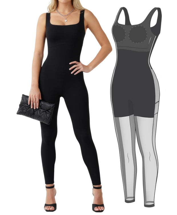 Popilush Shapewear Jumpsuits for Women Built-in Bra Tummy Control Bodysuit Square Neck Sport Romper Summer Outfit